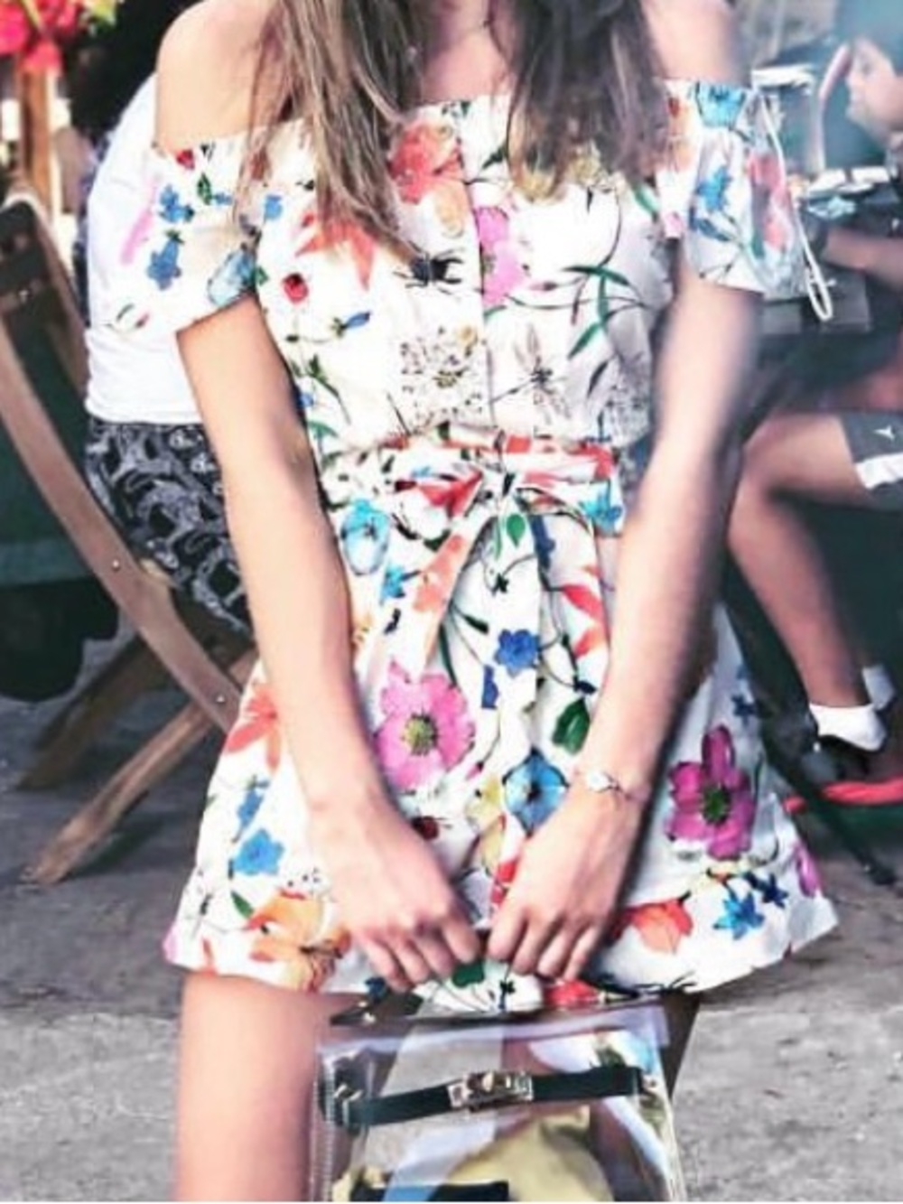 Zara Floral Smocked Skirt - White with Blue, Red, Green